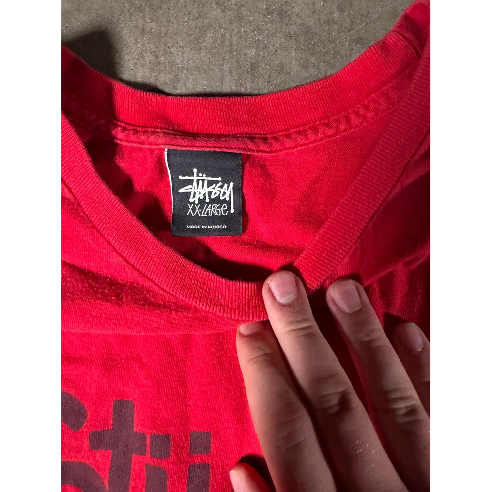 Stussy Mens Red Graphic T-Shirt Script Logo Back Link Print XXL Streetwear - Picture 3 of 4